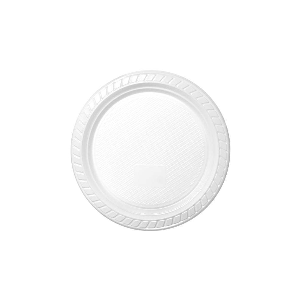 PRATO DESCARTÁVEL DE POLIESTIRENO BRANCO 17,5CM MODELO PR-017,5, CAIXA COM 50 PACOTES DE 10 UNIDADES.