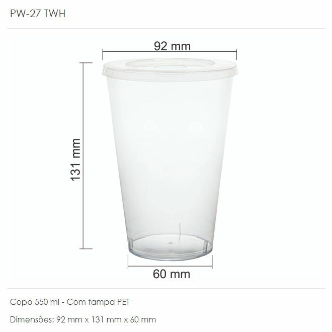 COPO 550ML C/TAMPA RETA S/FURO PW27/TWH - CX C/24X5