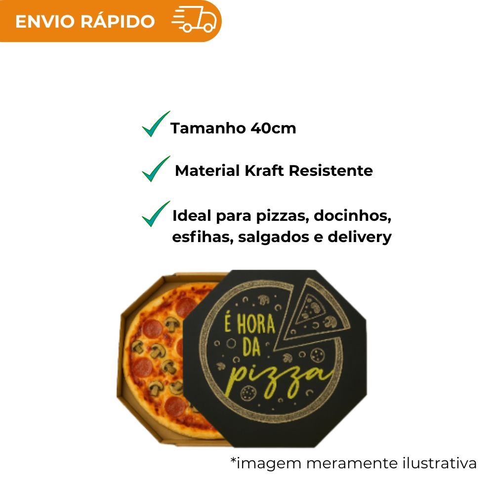 Embalagem para Pizza Kraft 40cm impressa "É hora da pizza" - Pacote com 25 unidades