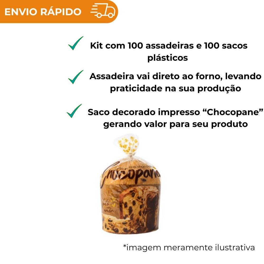 Kit Chocotone 100g 100 Sacos Plásticos + 100 Assadeiras para Chocotone Chocopane