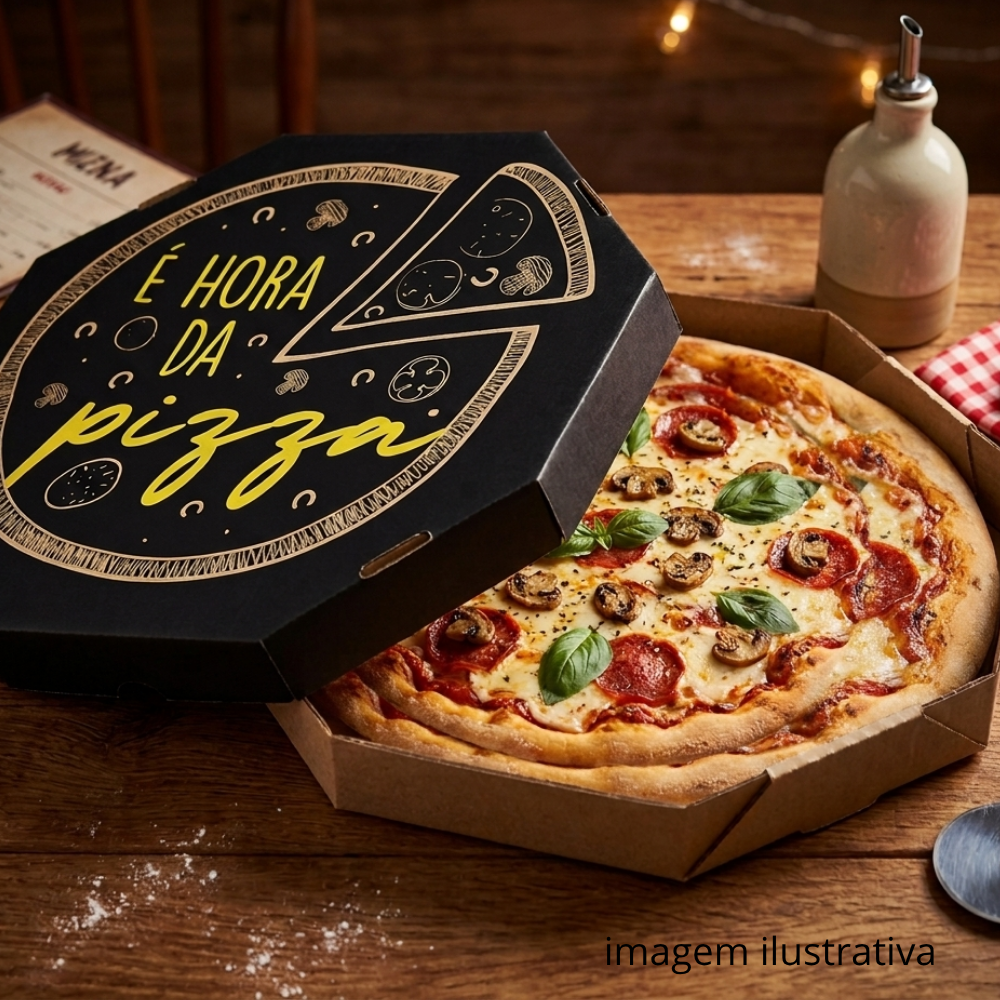 Embalagem para Pizza Kraft 25cm impressa "É hora da pizza" - Pacote com 25 unidades