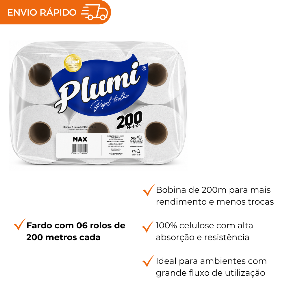 PAPEL TOALHA BOBINA 100% CELULOSE 20GR- FD C/6X200M