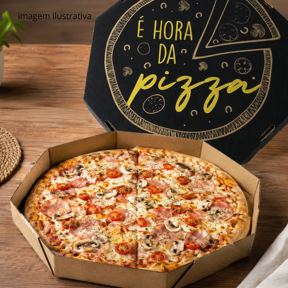 Embalagem para Pizza Kraft 40cm impressa "É hora da pizza" - Pacote com 25 unidades