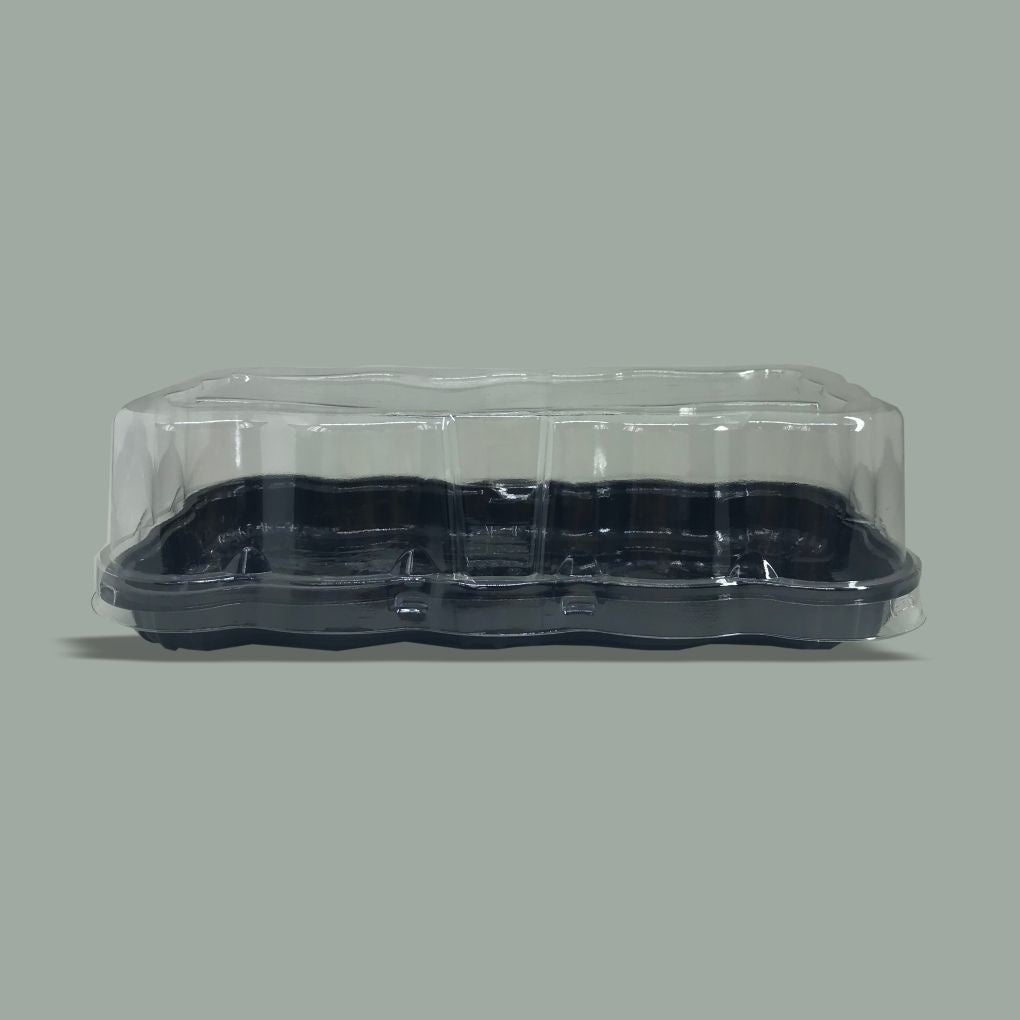 EMBALAGEM PET TORTA FLOWER PRETA G-61F – DIMENSÕES 270MM × 135MM × 75MM – CAIXA C/ 100 UNIDADES