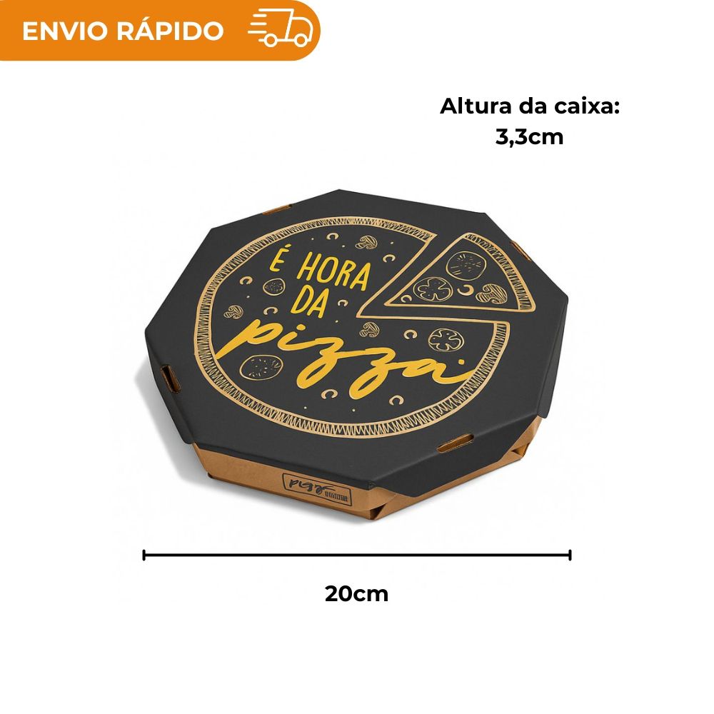EMBALAGEM PARA PIZZA KRAFT 20CM IMPRESSA "É HORA DA PIZZA" - PACOTE COM 25 UNIDADES