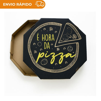 EMBALAGEM PARA PIZZA KRAFT 20CM IMPRESSA "É HORA DA PIZZA" - PACOTE COM 25 UNIDADES