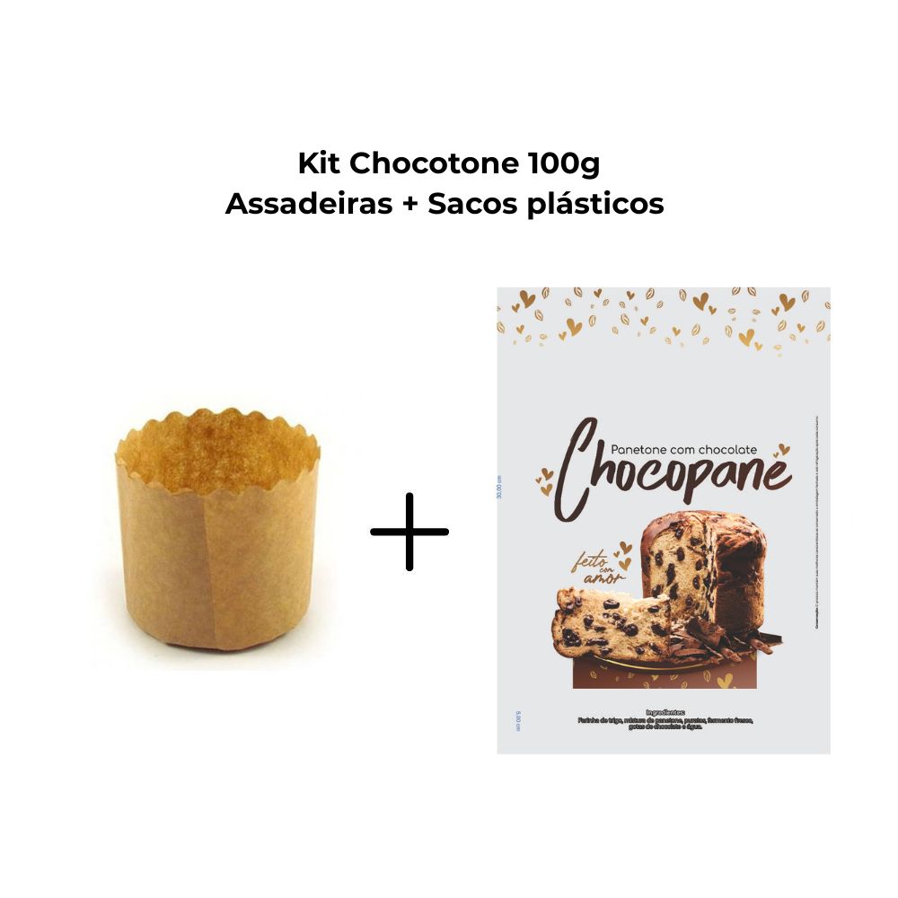 Kit Chocotone 100g 100 Sacos Plásticos + 100 Assadeiras para Chocotone Chocopane