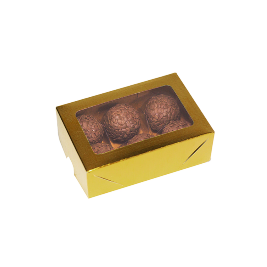 CAIXA LAMINADA COM VISOR PARA 06 DOCES DOURADA