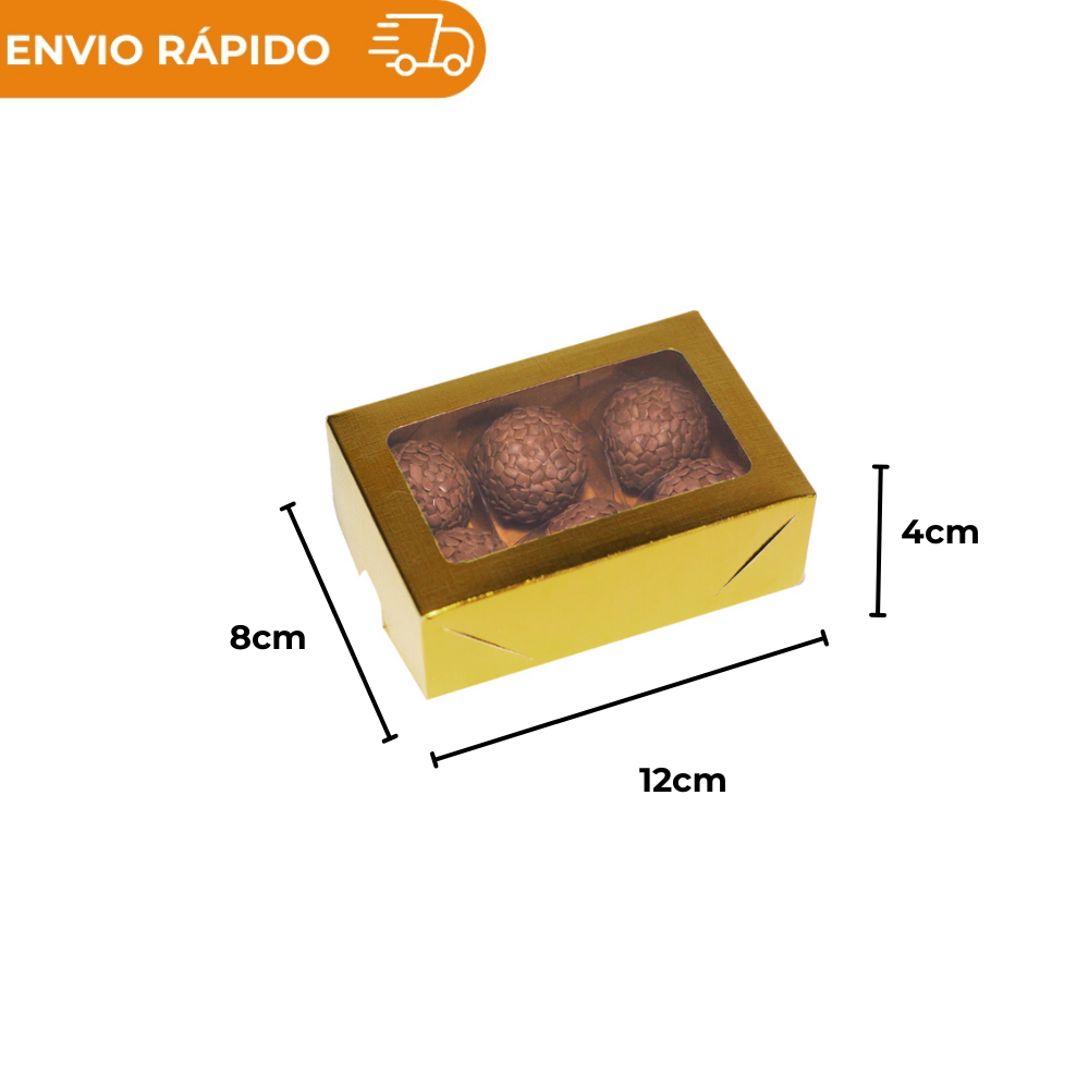 CAIXA LAMINADA COM VISOR PARA 06 DOCES DOURADA