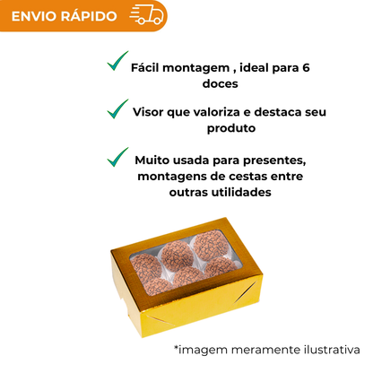 CAIXA LAMINADA COM VISOR PARA 06 DOCES DOURADA