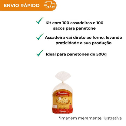 Kit Panetone 500g 100 Sacos Plásticos Impresso Panetone + 100 Assadeiras para Panetone