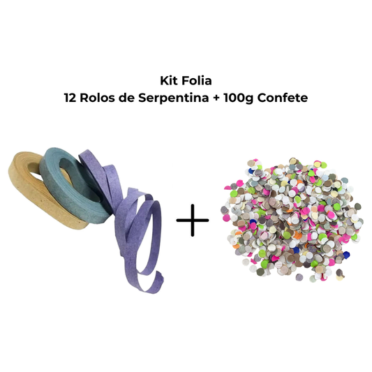 KIT FOLIA 12 ROLOS SERPENTINA + 100G CONFETE PAPEL COLORIDO