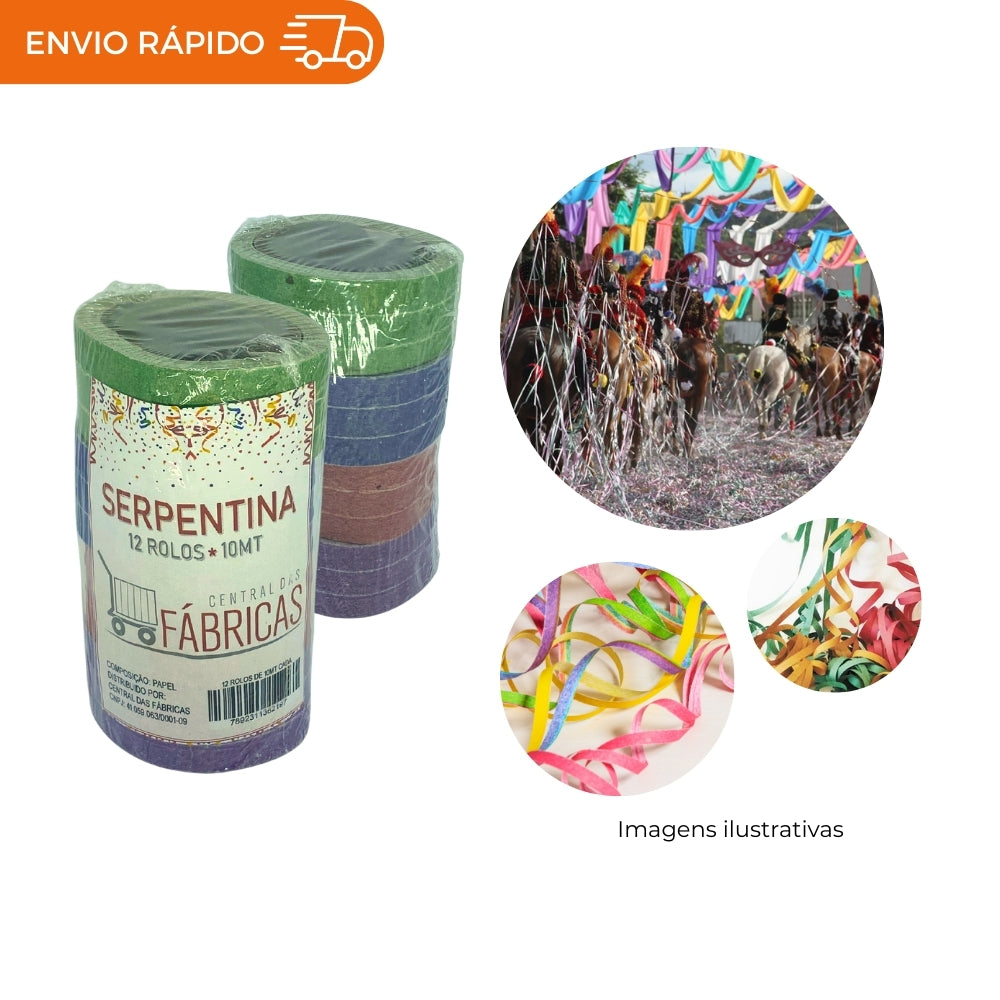 KIT FOLIA 12 ROLOS SERPENTINA + 100G CONFETE PAPEL COLORIDO
