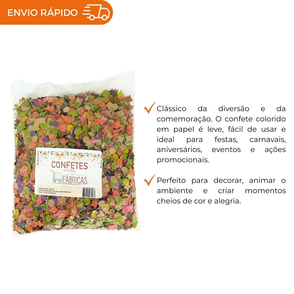 KIT FOLIA 12 ROLOS SERPENTINA + 100G CONFETE PAPEL COLORIDO