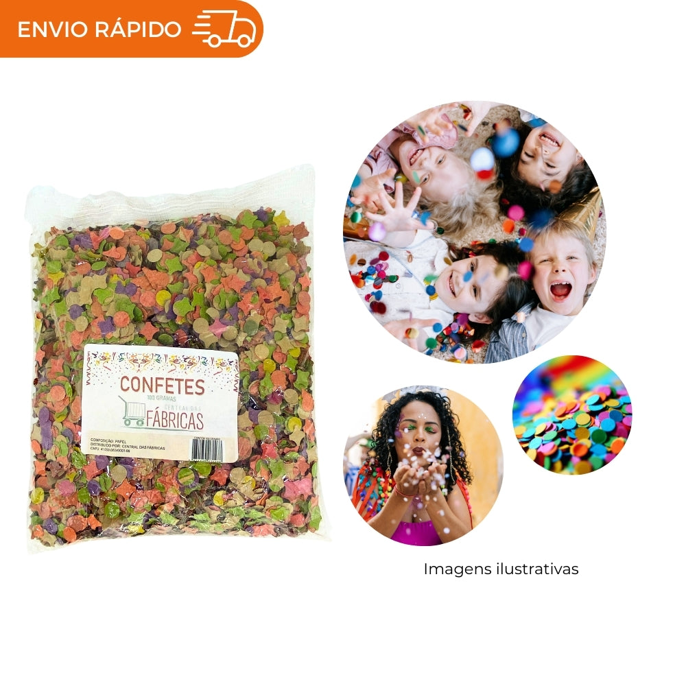 KIT FOLIA 12 ROLOS SERPENTINA + 1 ESPUMA DA ALEGRIA + 100G CONFETE