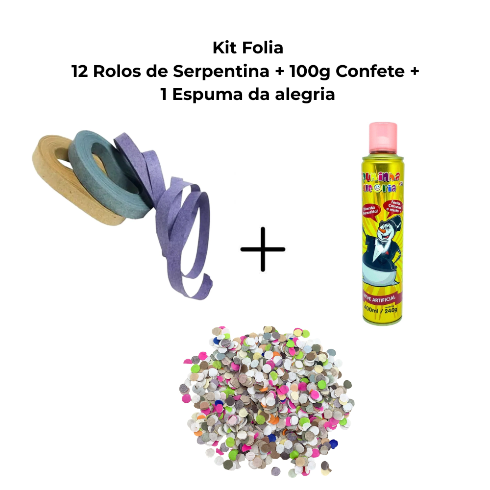 KIT FOLIA 12 ROLOS SERPENTINA + 1 ESPUMA DA ALEGRIA + 100G CONFETE