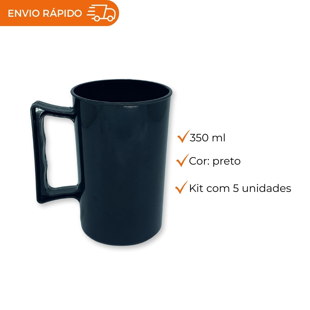 CANECA 350ML PRETA ACRÍLICA - PACOTE COM 5 UNIDADES