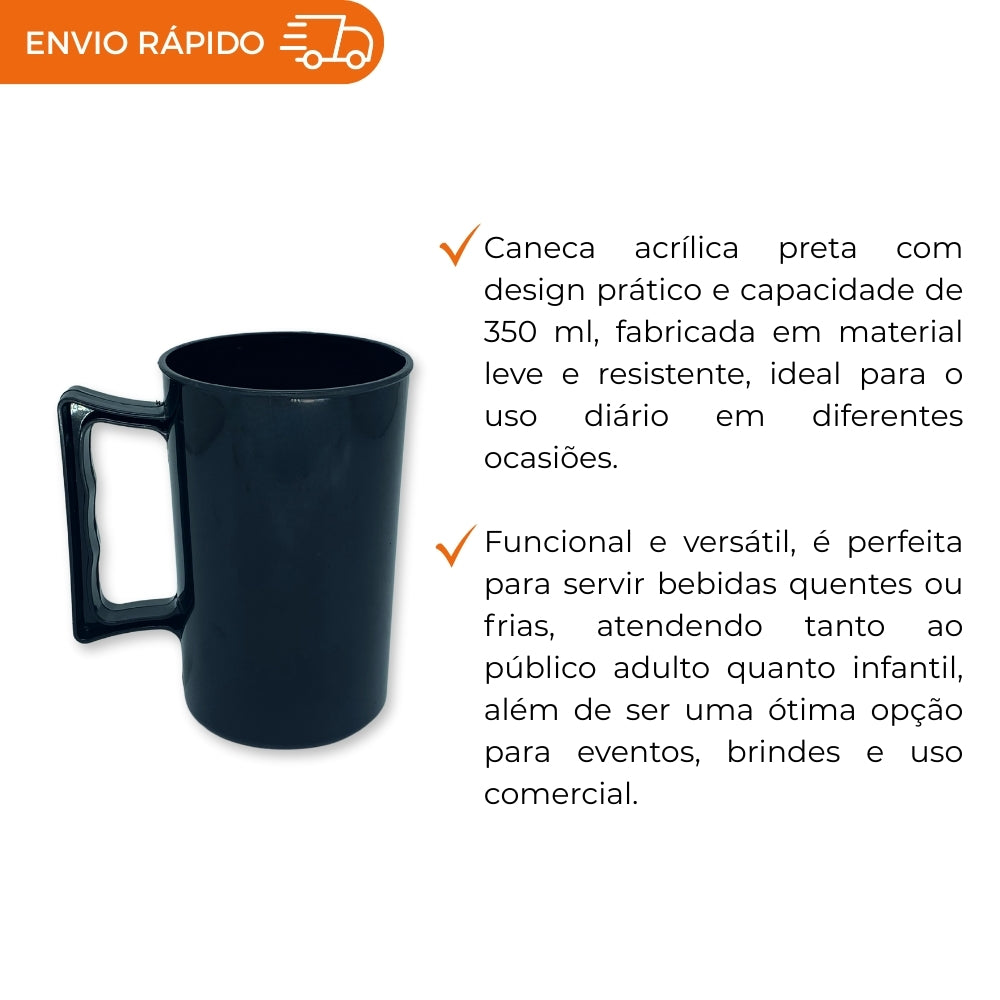 CANECA 350ML PRETA ACRÍLICA - PACOTE COM 5 UNIDADES