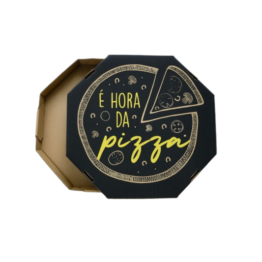 Embalagem para Pizza Kraft 50cm impressa "É hora da pizza" - Pacote com 25 unidades