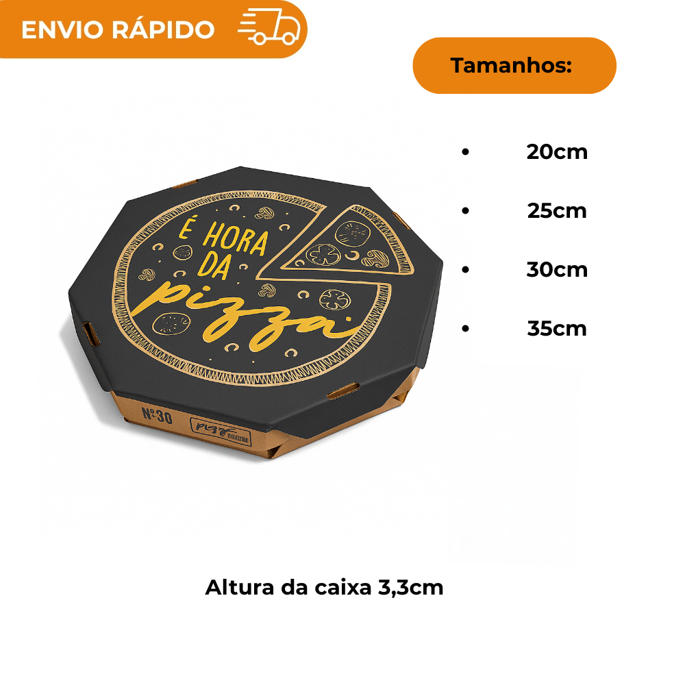 Embalagem para Pizza Convencionais Kraft impressa "É hora da pizza" - Pacote com 25 unidades