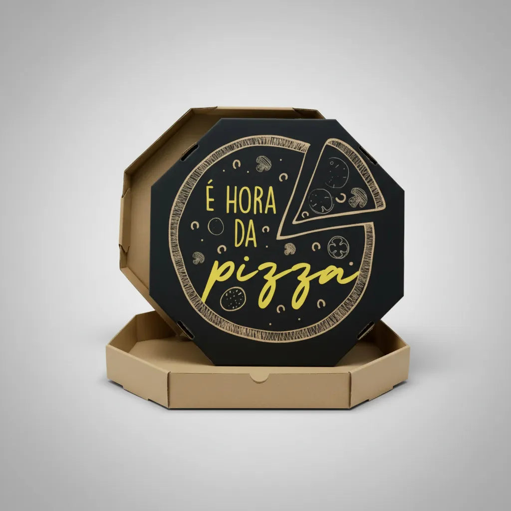 Embalagem para Pizza Kraft 20cm impressa "É hora da pizza" - Pacote com 25 unidades