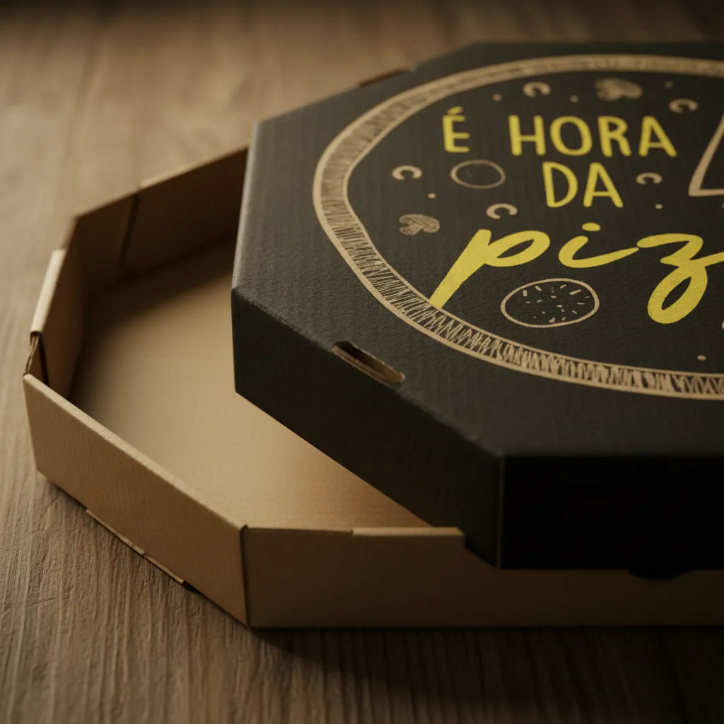 Embalagem para Pizza Kraft 30cm impressa "É hora da pizza" - Pacote com 25 unidades