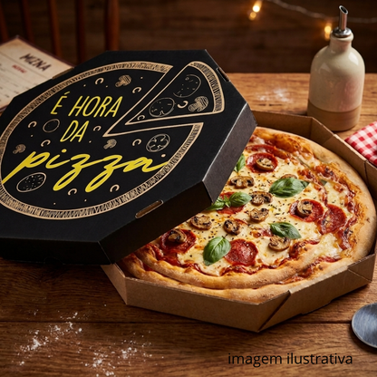 Embalagem para Pizza Kraft 25cm impressa "É hora da pizza" - Pacote com 25 unidades