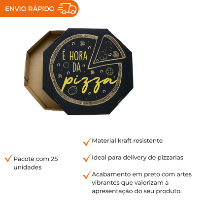 Embalagem para Pizza Kraft 50cm impressa "É hora da pizza" - Pacote com 25 unidades