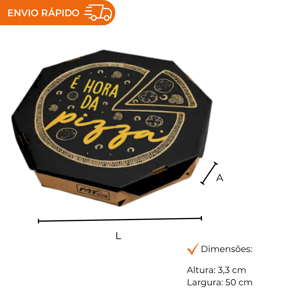Embalagem para Pizza Kraft 50cm impressa "É hora da pizza" - Pacote com 25 unidades