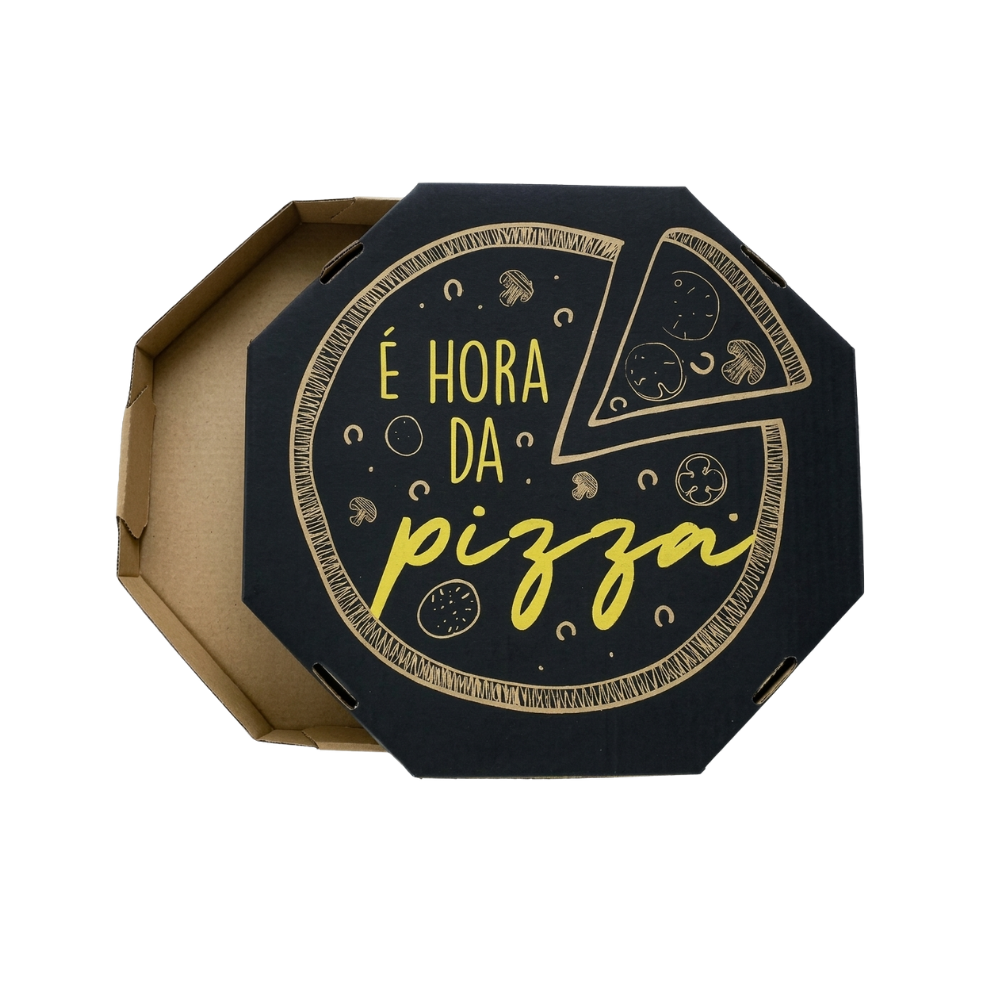 Embalagem para Pizza Kraft 50cm impressa "É hora da pizza" - Pacote com 25 unidades