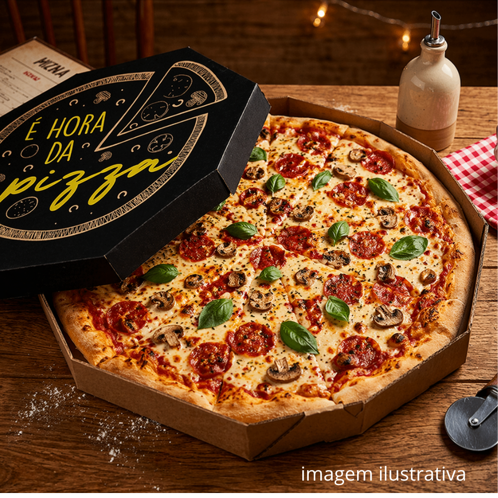 Embalagem para Pizza Kraft 50cm impressa "É hora da pizza" - Pacote com 25 unidades