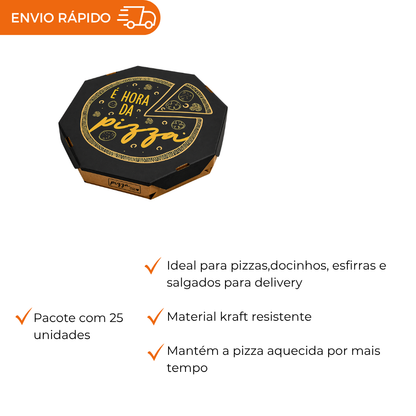 Embalagem para Pizza Kraft 45cm impressa "É hora da pizza" - Pacote com 25 unidades
