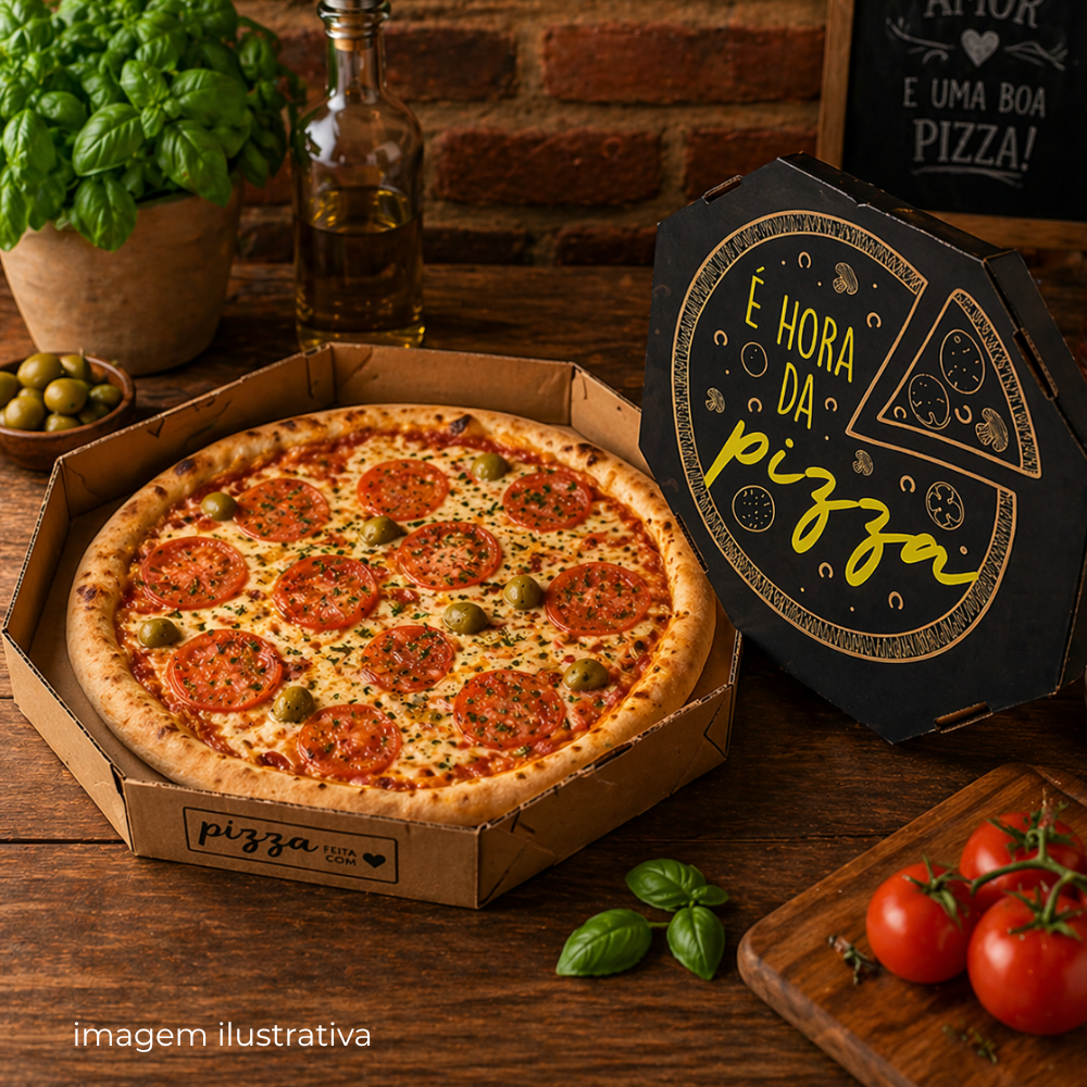 Embalagem para Pizza Kraft 45cm impressa "É hora da pizza" - Pacote com 25 unidades