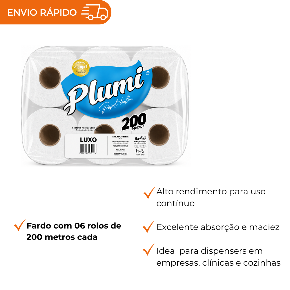 PAPEL TOALHA BOBINA 100% CELULOSE 24G - FD C/6X200M