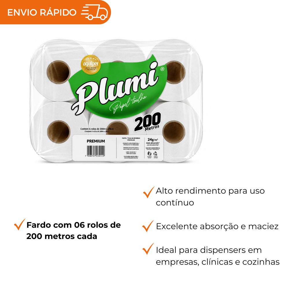 PAPEL TOALHA BOBINA 100% CELULOSE 26GR - FD C/6X200M