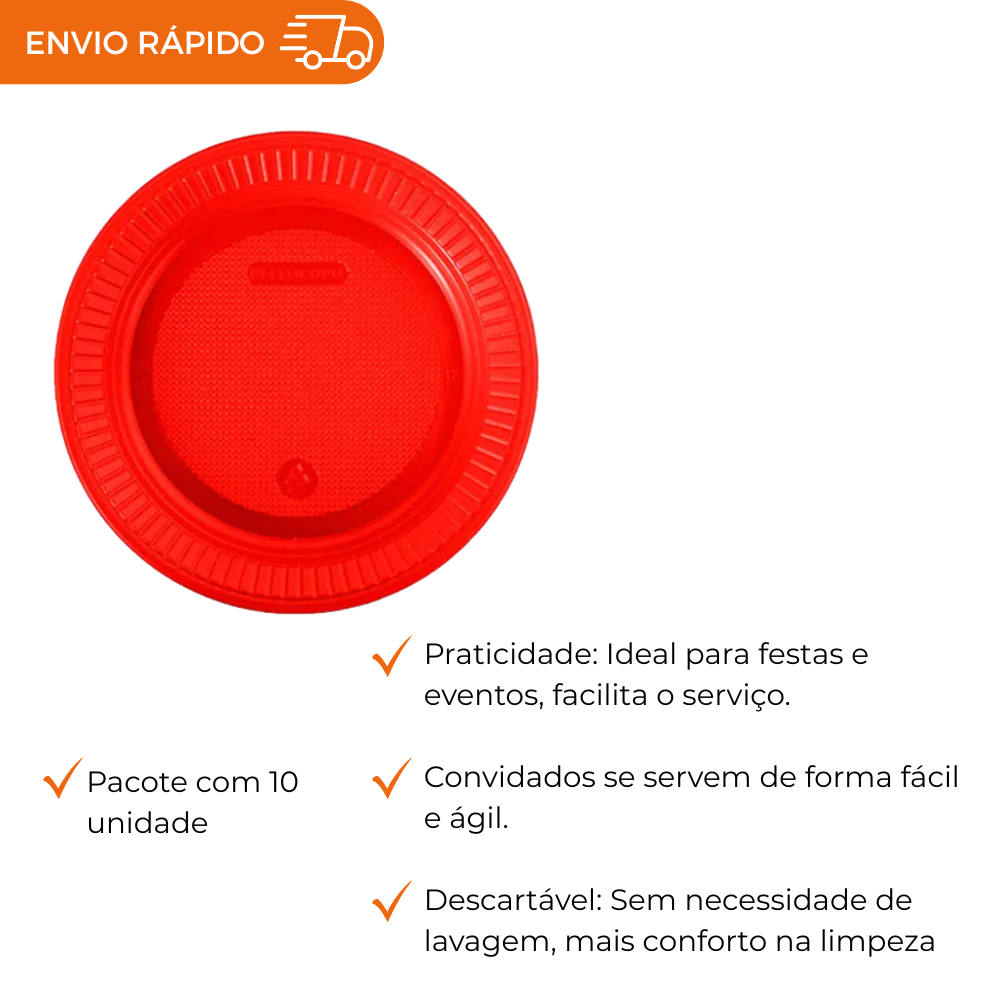 PRATO DESCARTÁVEL VERMELHO 15CM RASO PCT C/10 UNIDADES