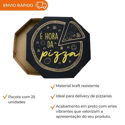 Embalagem para Pizza Kraft 40cm impressa "É hora da pizza" - Pacote com 25 unidades