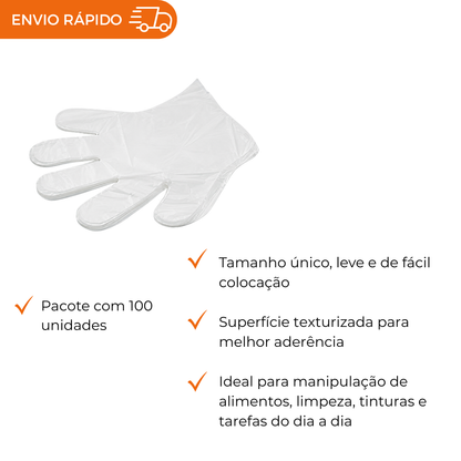 LUVA PLASTICA DESCARTAVEL TRANSPARENTE - PC C/100