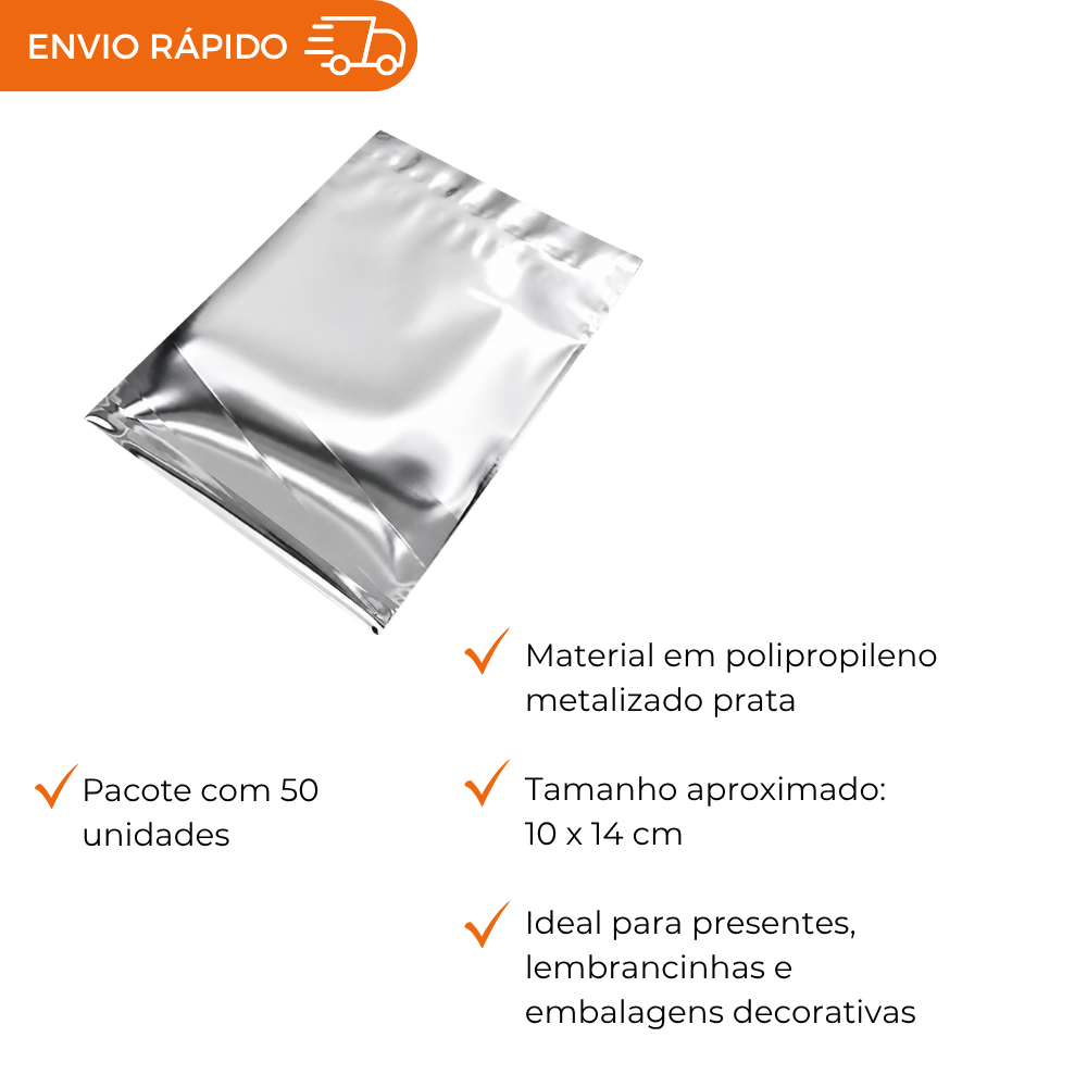 SACO METALIZADO 10X14CM PRATA - PC C/50
