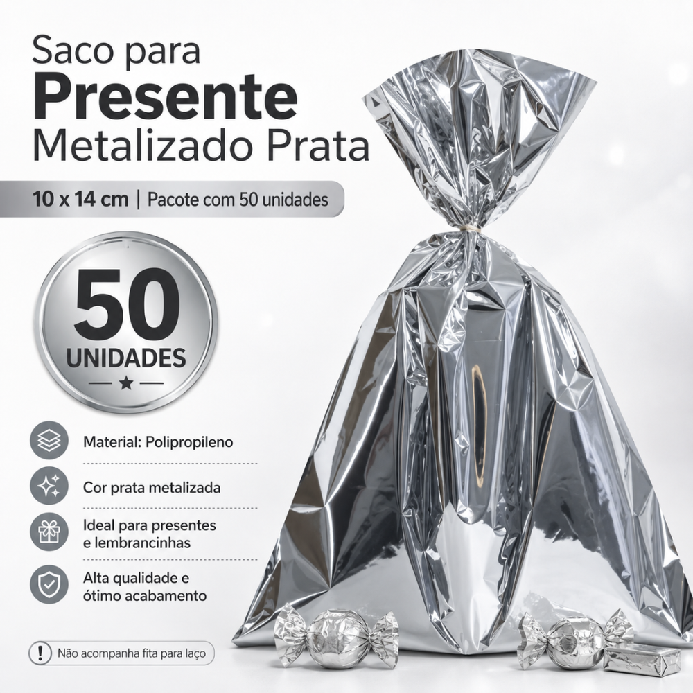 SACO METALIZADO 10X14CM PRATA - PC C/50