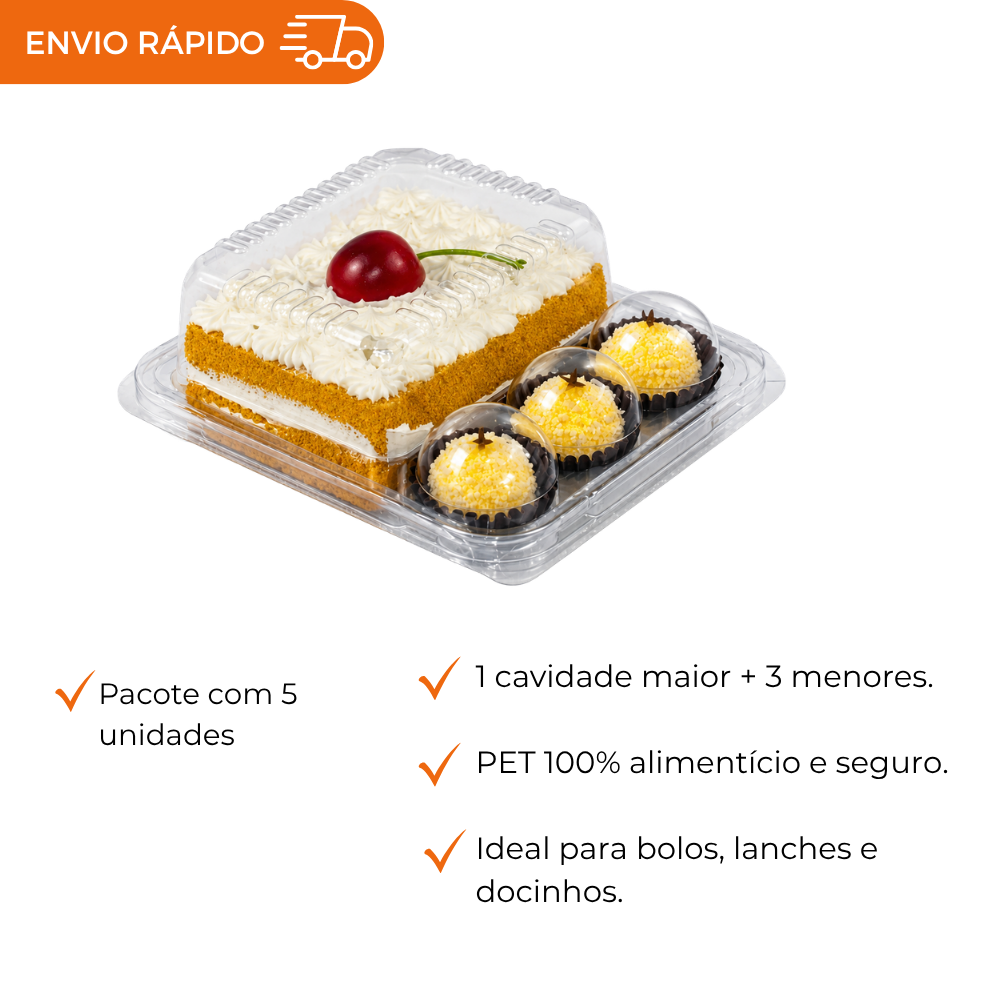 EMBALAGEM CRISTAL TAMPA ALTA PET 5 UNIDADES DOCES, BOLOS E LANCHES