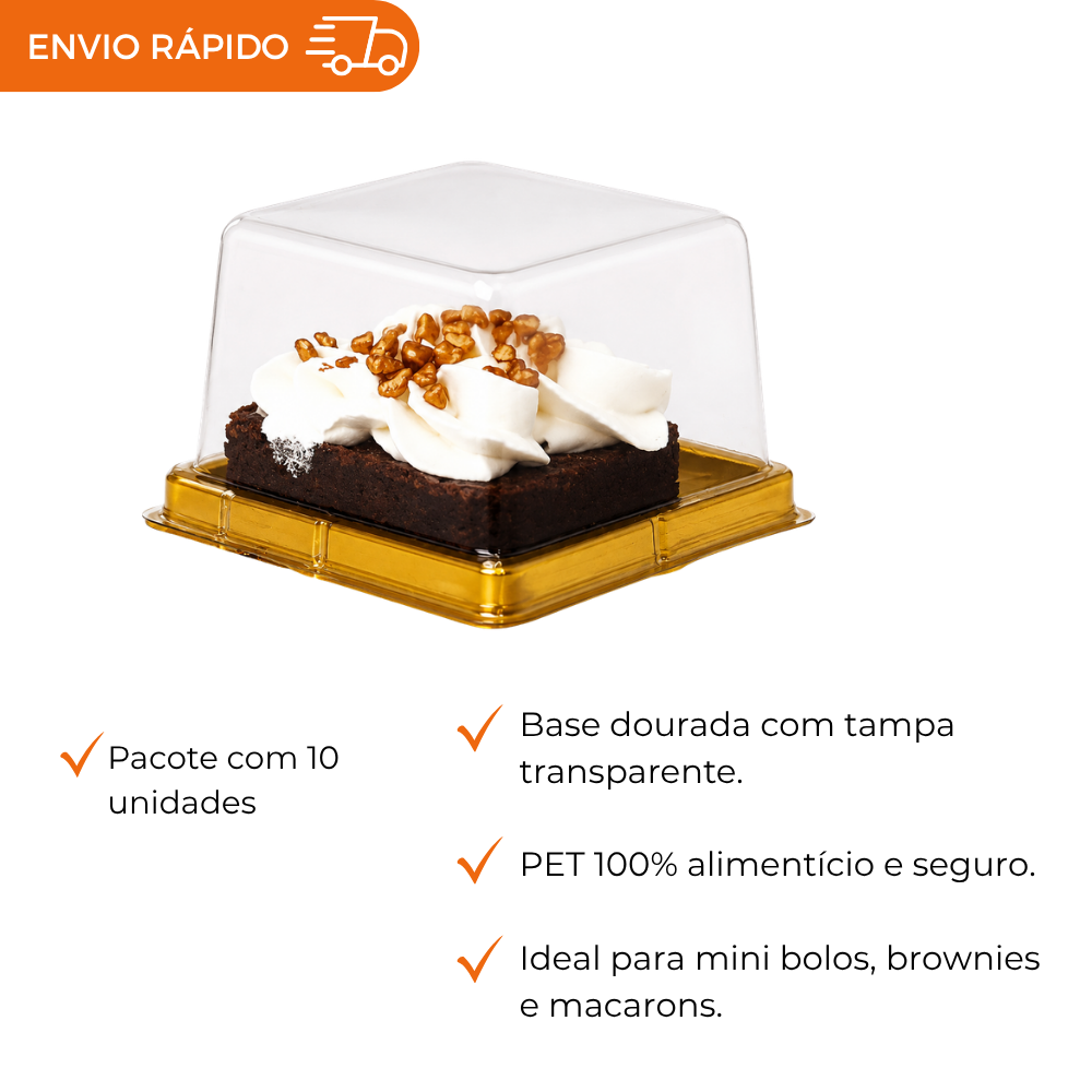 EMBALAGEM PARA MINI BOLO QUADRADA DOURADA 10 UNIDADES BROWNIE E MACARON