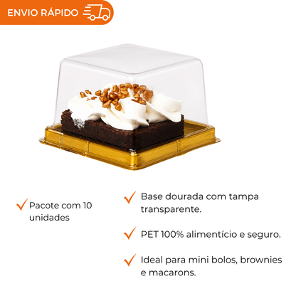 EMBALAGEM PARA MINI BOLO QUADRADA DOURADA 10 UNIDADES BROWNIE E MACARON