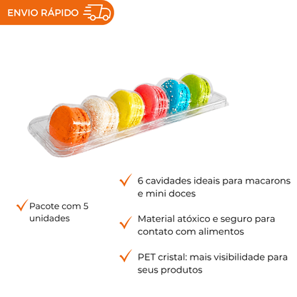 EMBALAGEM PARA MACARONS CRISTAL 6 CAVIDADES PET 5 UNIDADES MINI DOCES