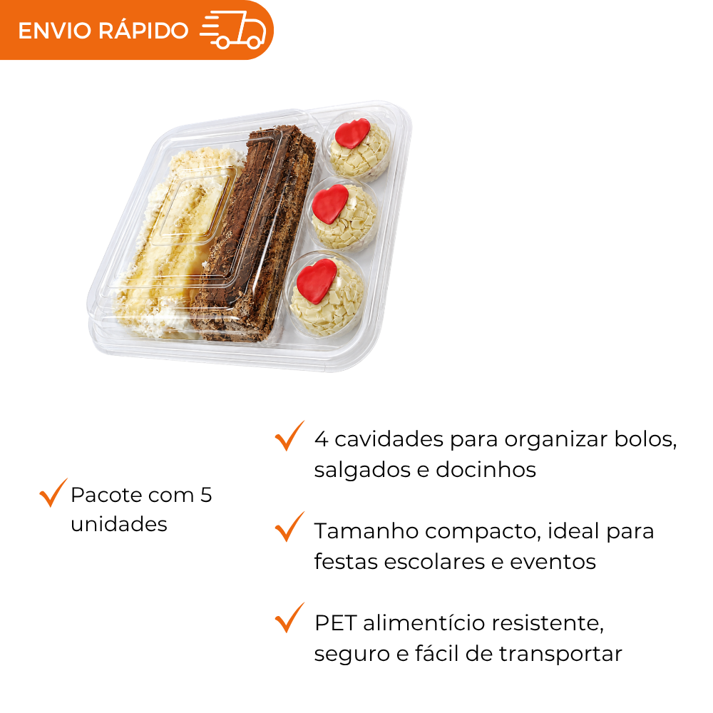 EMBALAGEM CRISTAL 4 CAVIDADES PARA DOCES, BOLOS E SALGADOS 5 UNIDADES