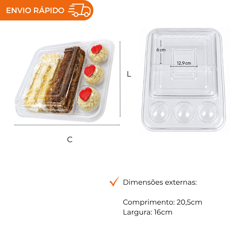 EMBALAGEM CRISTAL 4 CAVIDADES PARA DOCES, BOLOS E SALGADOS 5 UNIDADES