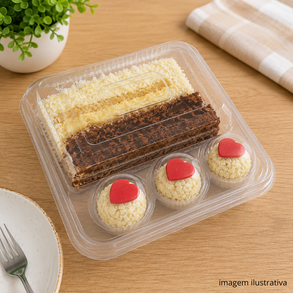 EMBALAGEM CRISTAL 4 CAVIDADES PARA DOCES, BOLOS E SALGADOS 5 UNIDADES