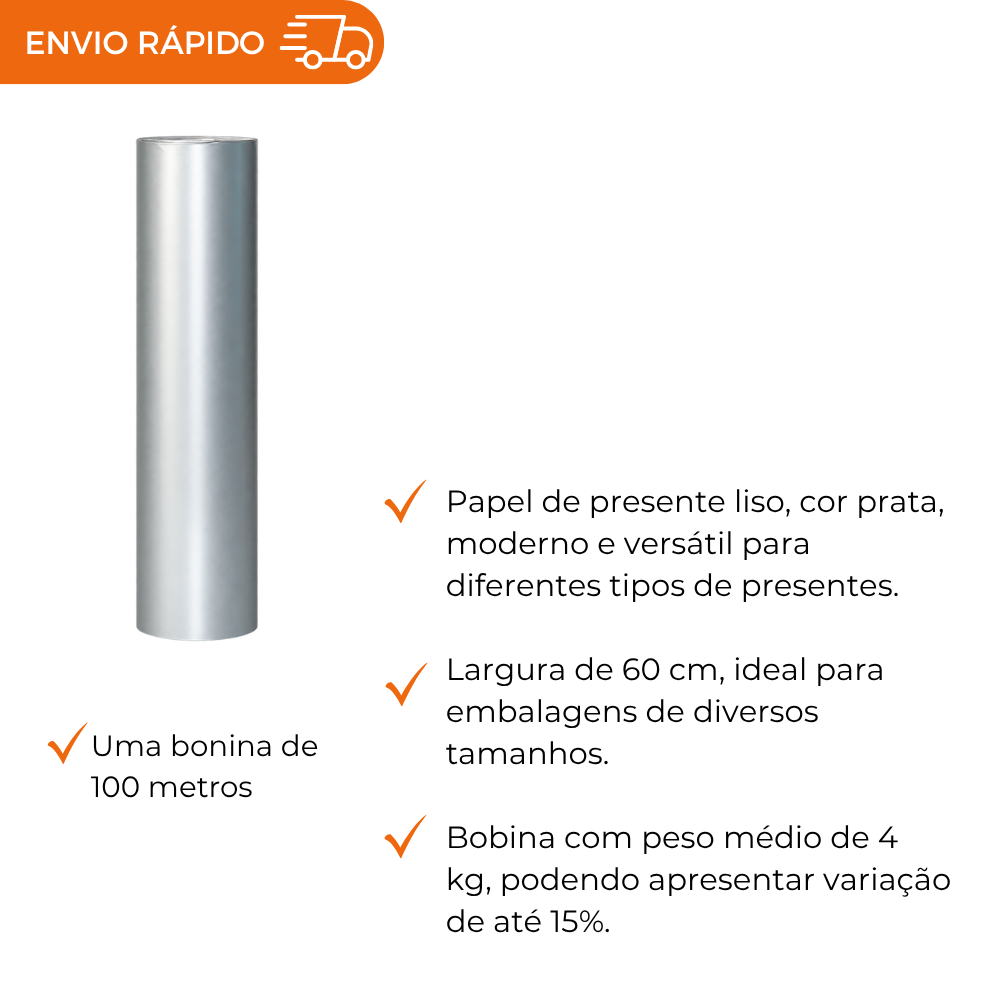 BOBINA DE PAPEL PRESENTE PRATA - 60CM - UN
