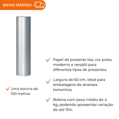 BOBINA DE PAPEL PRESENTE PRATA - 60CM - UN