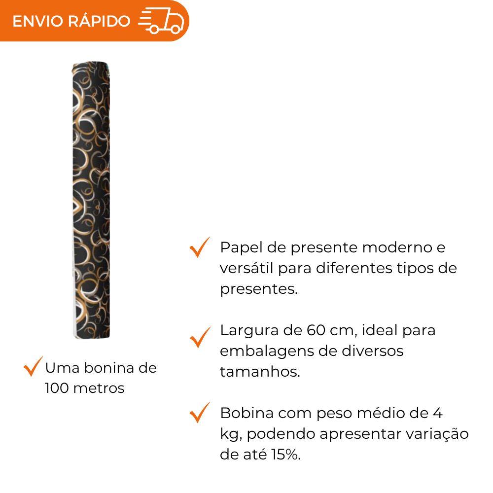 BOBINA DE PAPEL PRESENTE PRETO- 60CM
